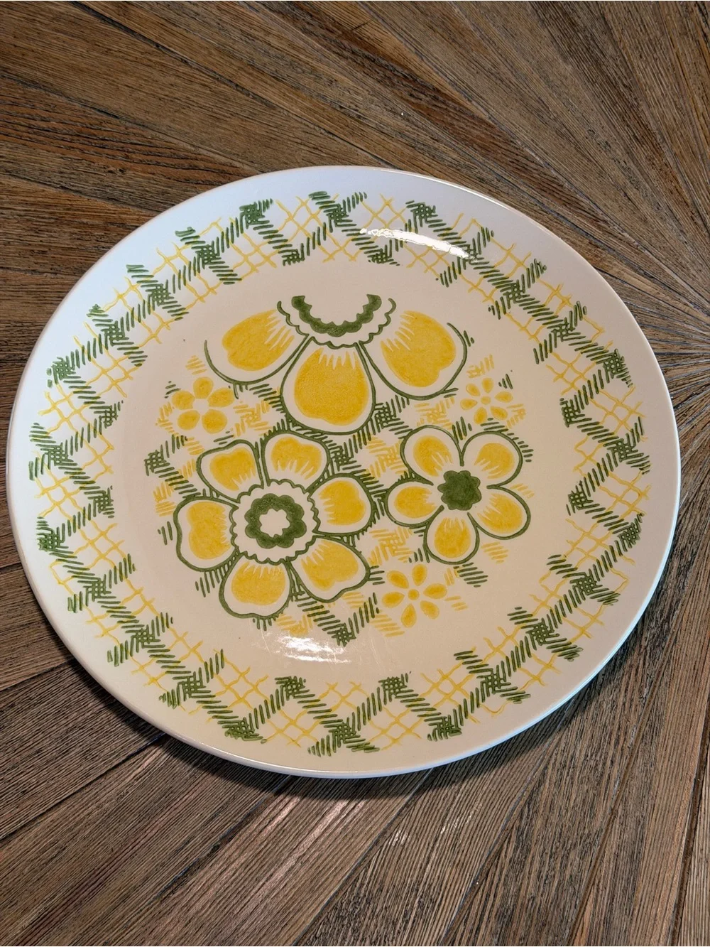 Vintage 12” Round Serving Platter Yellow Green Floral Plaid Folk Art Cottage